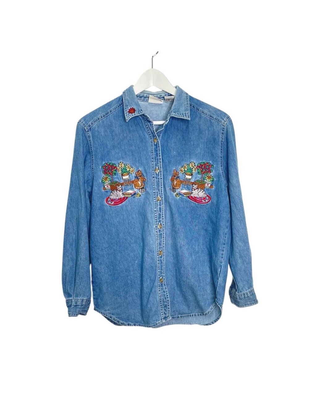 Vintage Bobbie Brooks Size S 100% Cotton Embroidered Cats Button up Denim Shirt